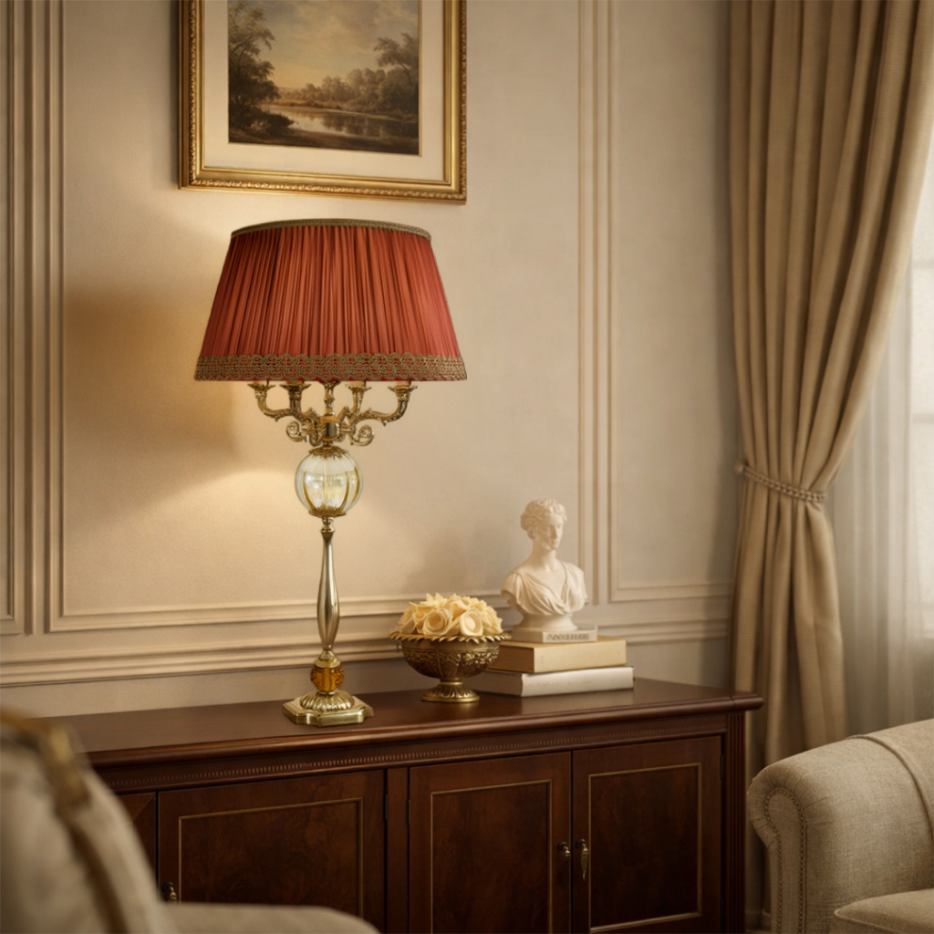 Bouillotte lampada a 4 bracci in ottone e vetro di Murano