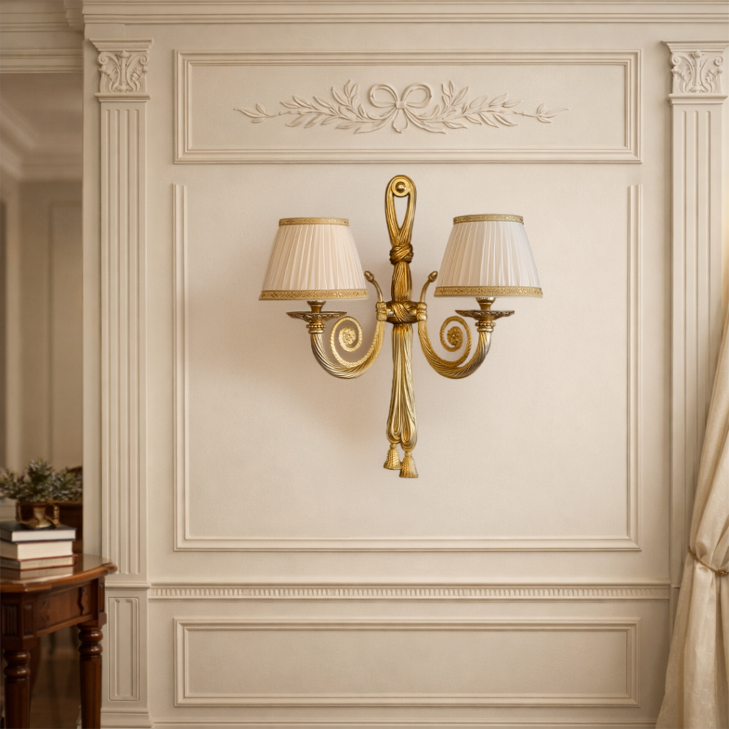 Applique da parete lampada da muro in ottone a 2 luci con paralumi avorio plissettati