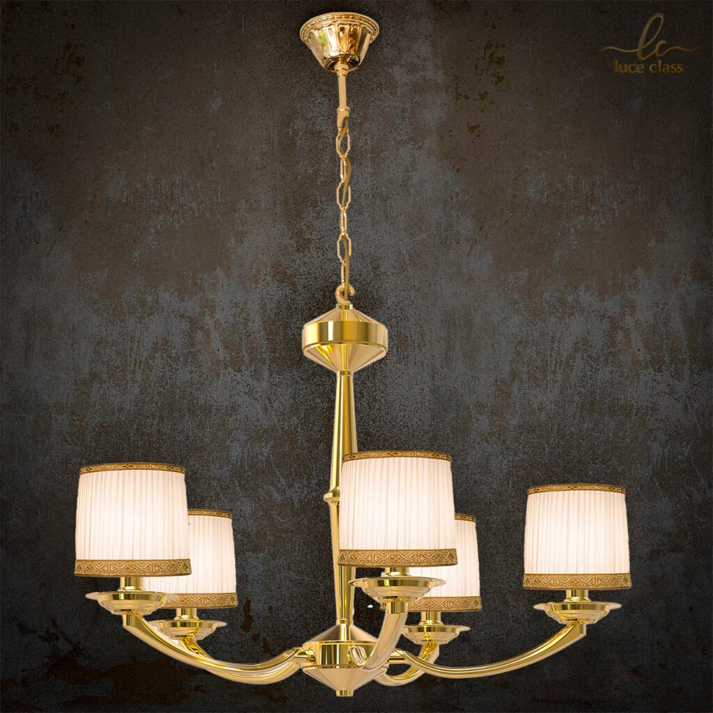 sospensione lampadario classico in ottone a 5 luci con paralumi plissè avorio