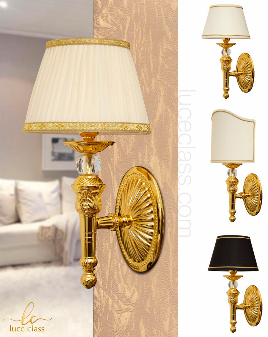 Applique lampada da muro luce da parete in ottone dorato cristallo con paralume