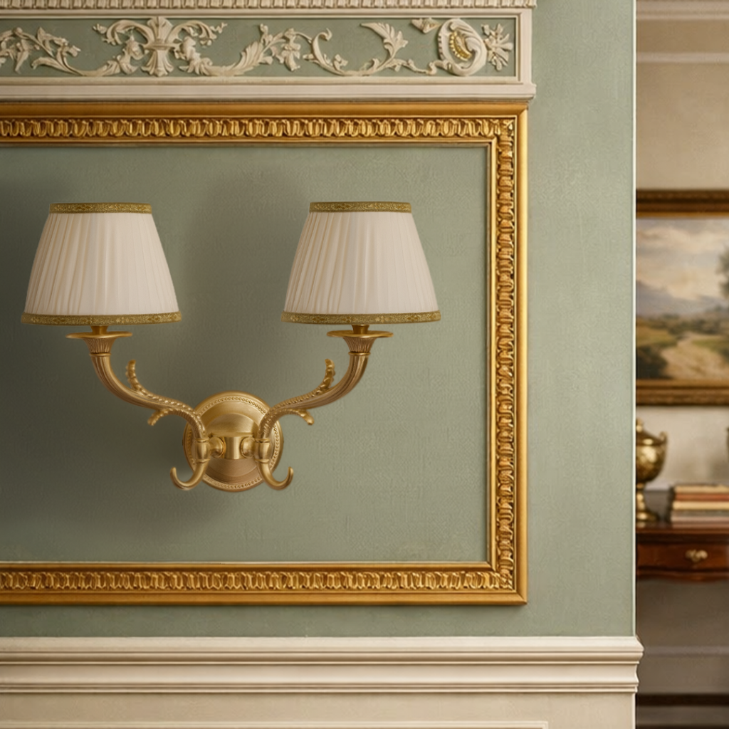APPLIQUE classica lampada da parete a 2 luci in ottone dorato con 2 paralumi
