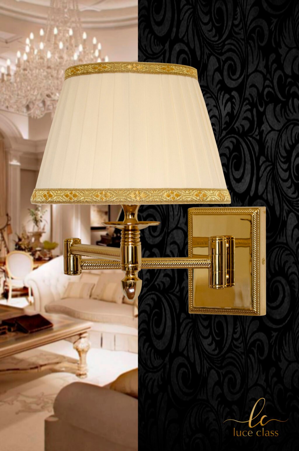 Applique snodabile lampada da muro luce da parete in ottone dorato con paralume