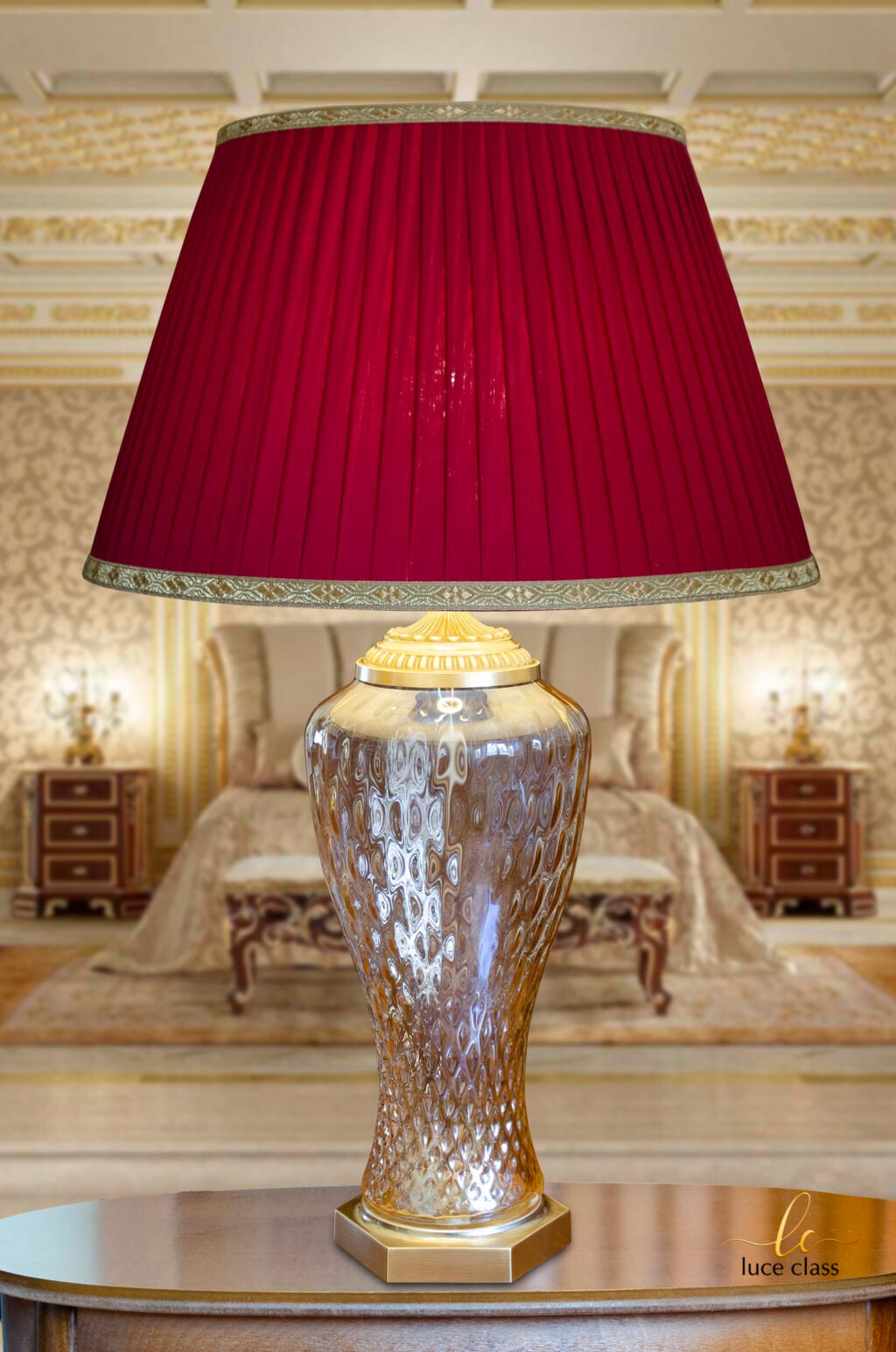 lampada da tavolo classica vetro Murano ambra e ottone con paralume seta rosso bordeaux
