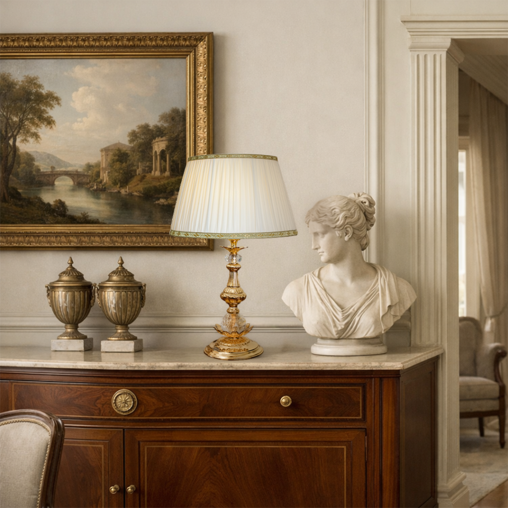 Lampada da tavolo classica da comodino in ottone satinato e cristallo lume lusso